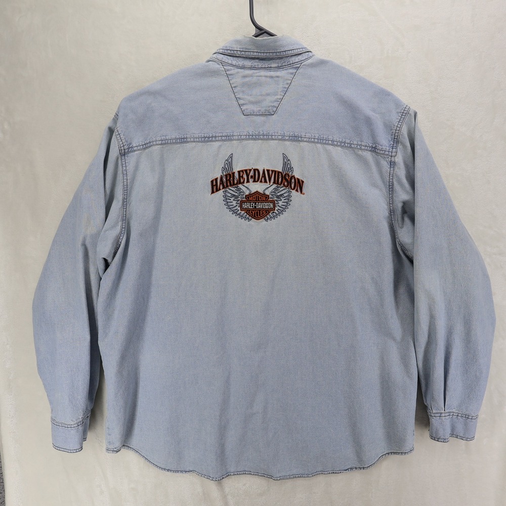 Harley Davidson XXL Light Wash Denim Button Shirt '03 C8036 HMGL Thrashed *READ - Picture 11 of 15